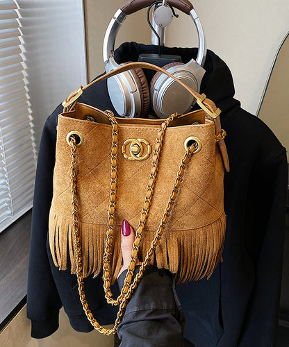 Stilvolle braune Schultertasche aus Wildleder mit Quasten-Patchwork