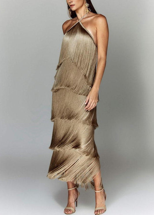Stylish Brown Tasseled Backless Silk Halter Dress Summer