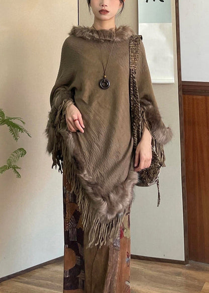 Stylish Brown Tasseled Patchwork Faux Fur Cloak Winter