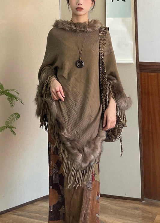 Stylish Brown Tasseled Patchwork Faux Fur Cloak Winter