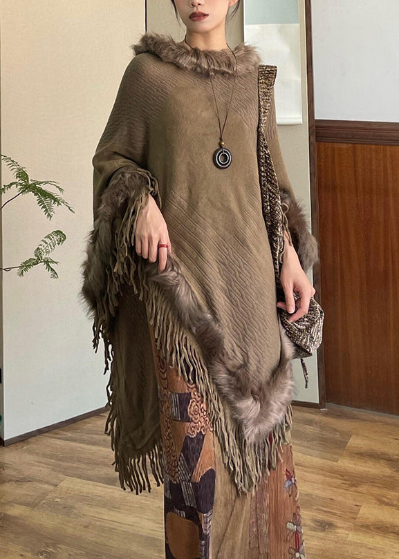 Stylish Brown Tasseled Patchwork Faux Fur Cloak Winter