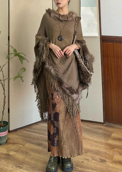 Stylish Brown Tasseled Patchwork Faux Fur Cloak Winter