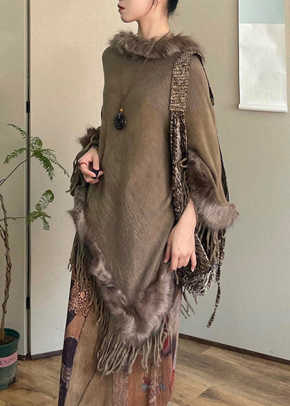 Stylish Brown Tasseled Patchwork Faux Fur Cloak Winter