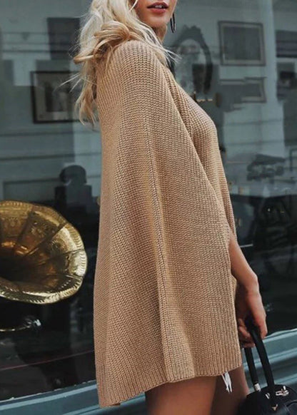 Stylish Camel Turtleneck Knit Sweater Cloak Sleeves