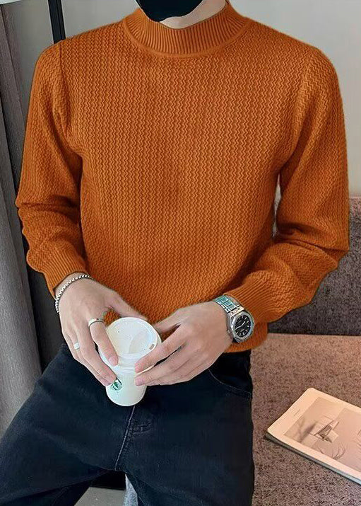 Stylish Caramel Turtleneck Striped Knit Mens Sweater Winter