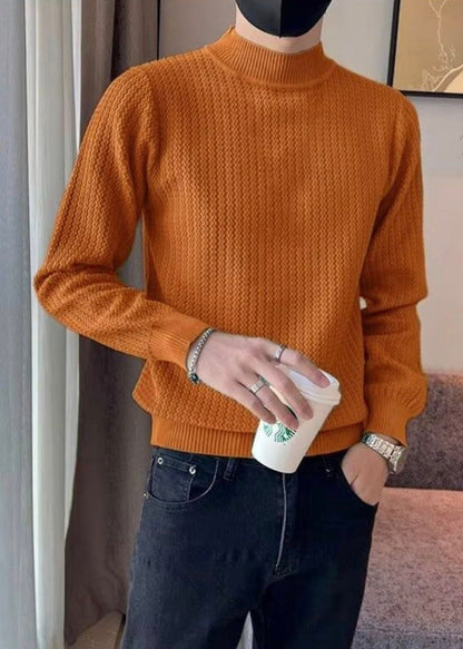 Stylish Caramel Turtleneck Striped Knit Mens Sweater Winter