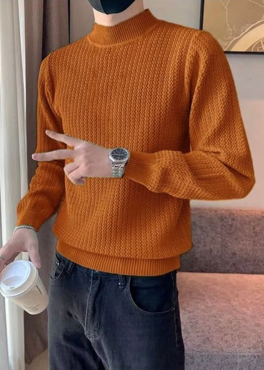 Stylish Caramel Turtleneck Striped Knit Mens Sweater Winter