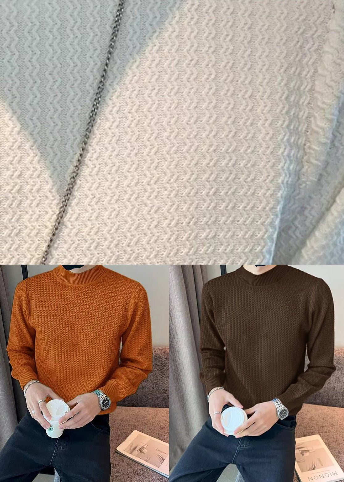 Stylish Caramel Turtleneck Striped Knit Mens Sweater Winter