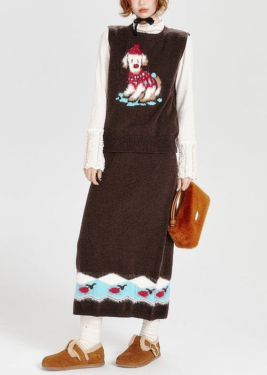 Stilvoller zweiteiliger Strickanzug mit Hundestickerei in Schokoladenbraun für den Frühling