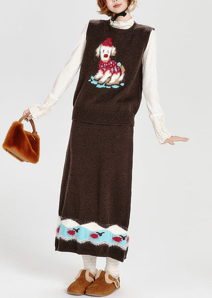 Stilvoller zweiteiliger Strickanzug mit Hundestickerei in Schokoladenbraun für den Frühling