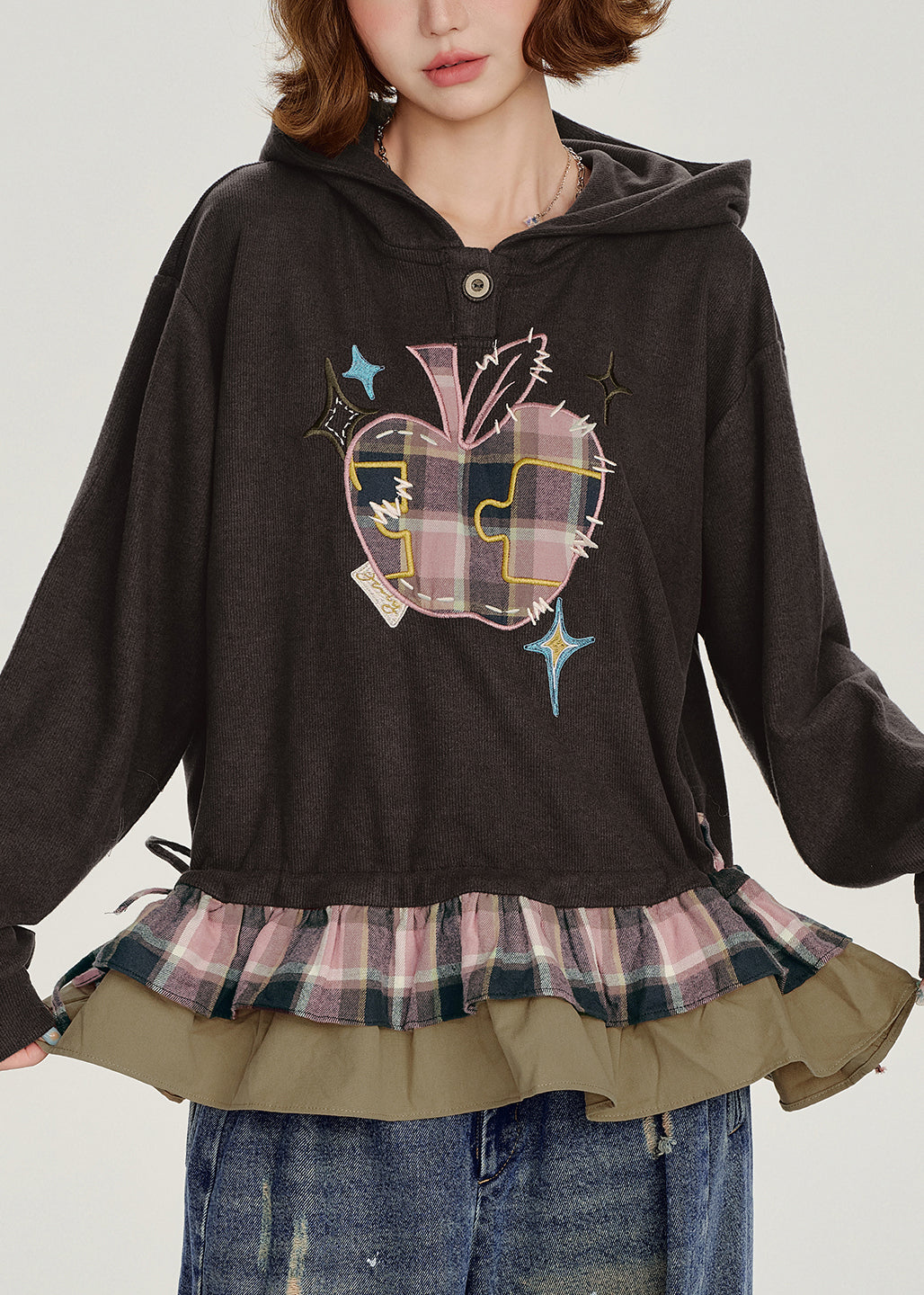 Stylish Chocolate Ruffled Hooded Patchwork Cotton Top Spring
