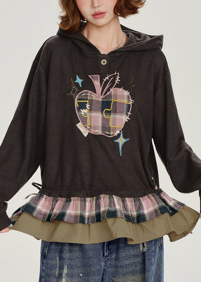 Stylish Chocolate Ruffled Hooded Patchwork Cotton Top Spring
