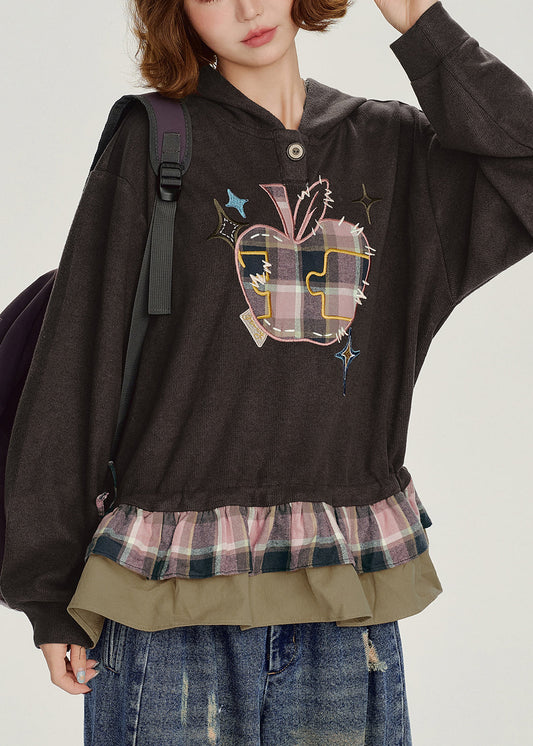 Stylish Chocolate Ruffled Hooded Patchwork Cotton Top Spring