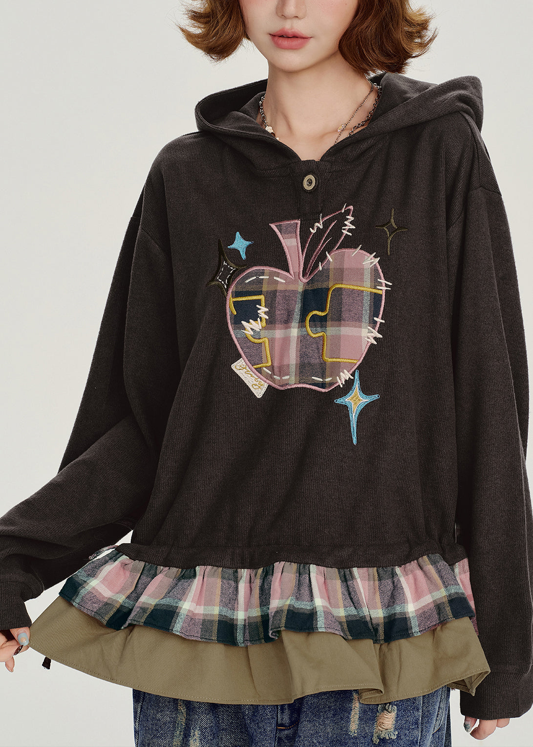 Stylish Chocolate Ruffled Hooded Patchwork Cotton Top Spring