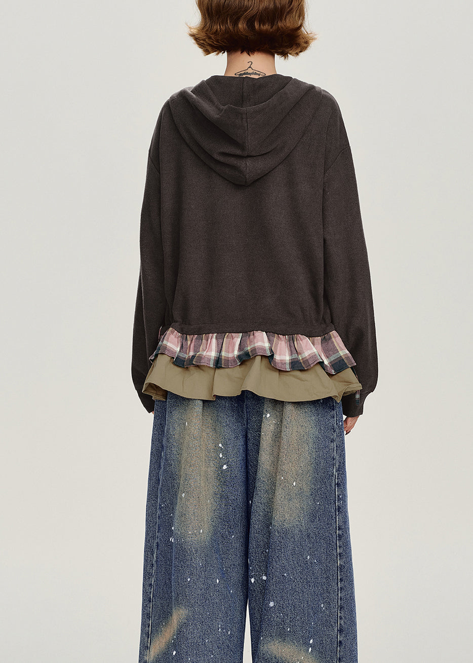 Stylish Chocolate Ruffled Hooded Patchwork Cotton Top Spring