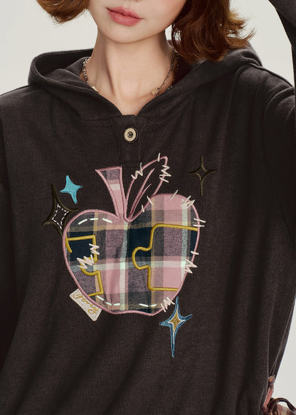 Stylish Chocolate Ruffled Hooded Patchwork Cotton Top Spring