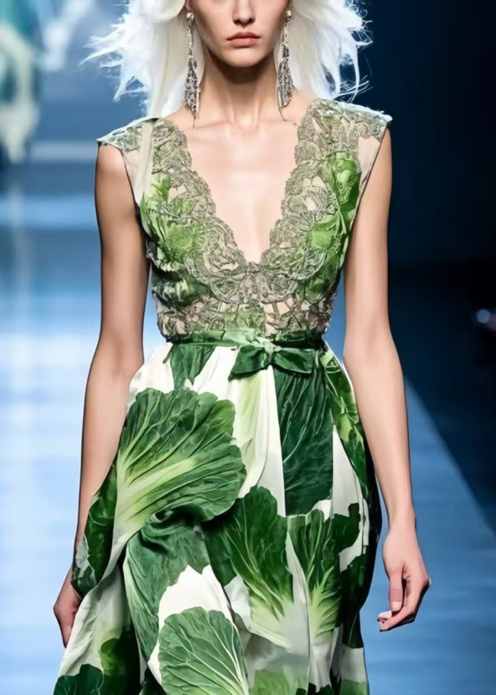 Stylish Cinched Chinese Cabbage Print Chiffon Party Dress Summer