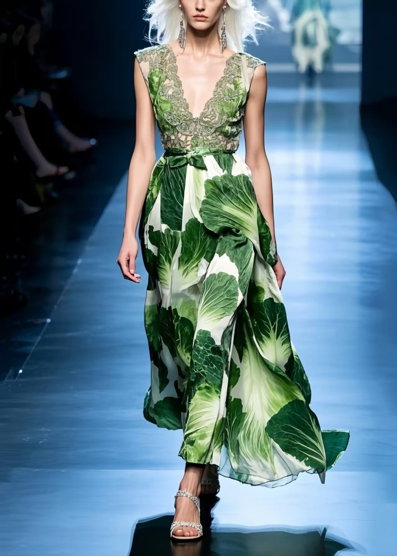 Stylish Cinched Chinese Cabbage Print Chiffon Party Dress Summer