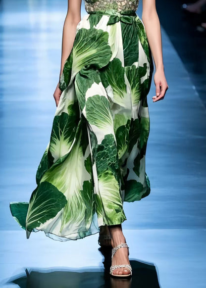 Stylish Cinched Chinese Cabbage Print Chiffon Party Dress Summer