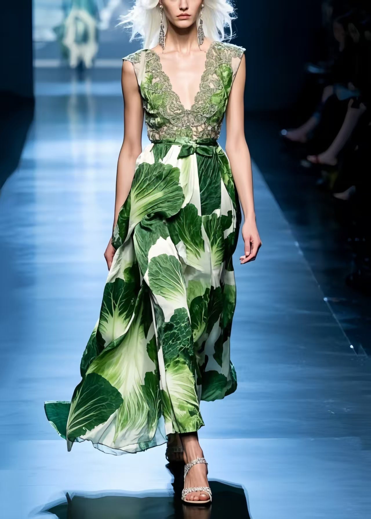 Stylish Cinched Chinese Cabbage Print Chiffon Party Dress Summer