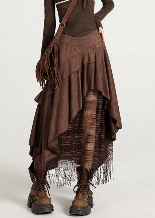 Stylish Coffee Asymmetrical Lace Faux Suede Skirts Fall