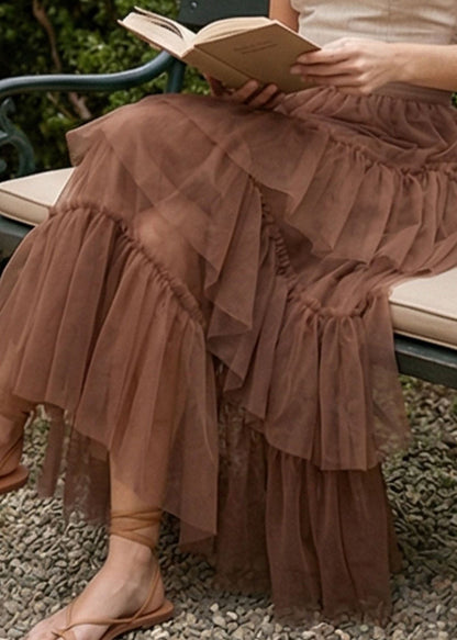 Stylish Coffee Asymmetrical Ruffled Patchwork Tulle Skirts Summer