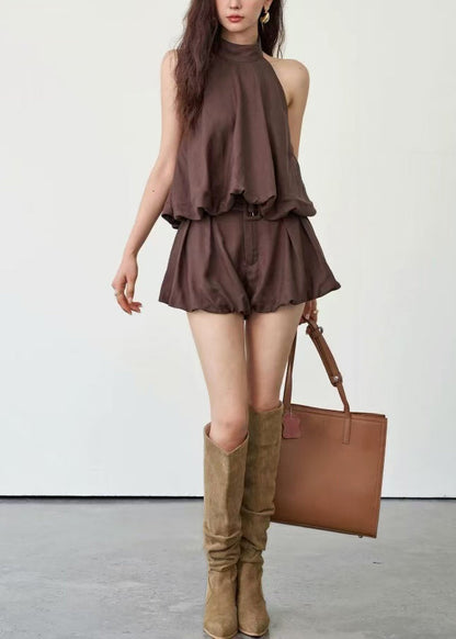 Stylish Coffee Backless Tops And Shorts Cotton Two Pieces Set Sleeveless