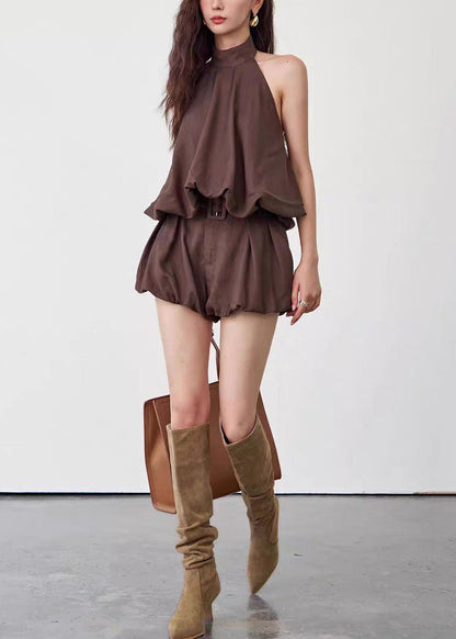 Stylish Coffee Backless Tops And Shorts Cotton Two Pieces Set Sleeveless