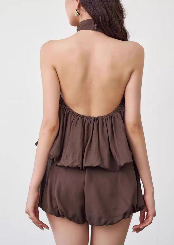Stylish Coffee Backless Tops And Shorts Cotton Two Pieces Set Sleeveless
