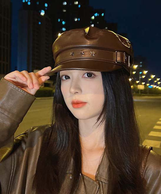 Stylish Coffee Faux Leather Patchwork Beret Hat