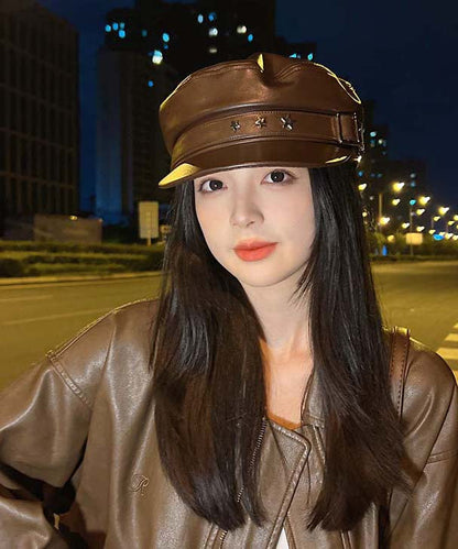 Stylish Coffee Faux Leather Patchwork Beret Hat