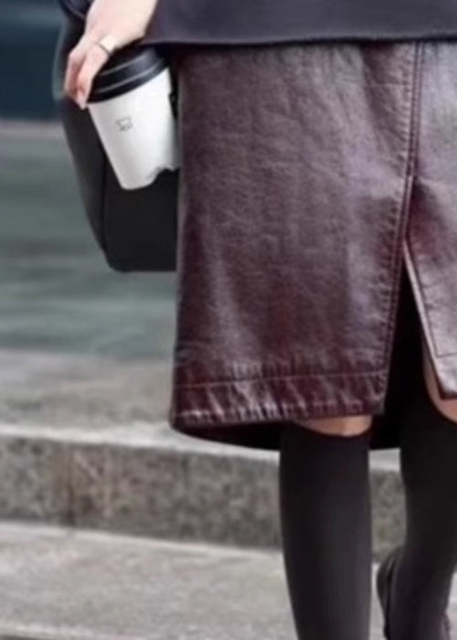 Faldas elegantes de cuero sintético con cintura alta y abertura frontal color café para primavera