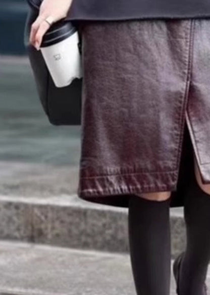 Faldas elegantes de cuero sintético con cintura alta y abertura frontal color café para primavera