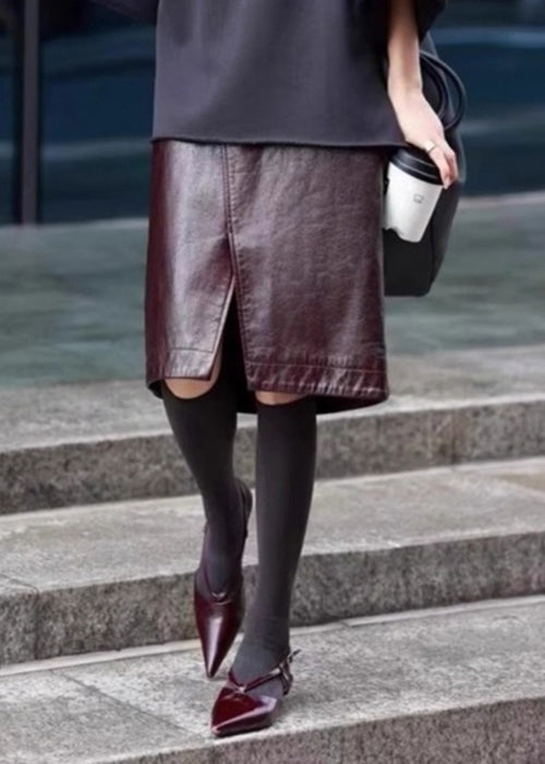 Faldas elegantes de cuero sintético con cintura alta y abertura frontal color café para primavera