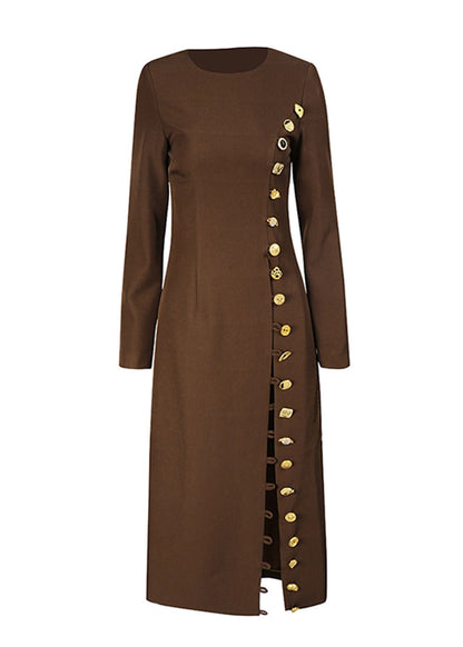 Stylish Coffee O-Neck Button Cotton Long Coats Fall