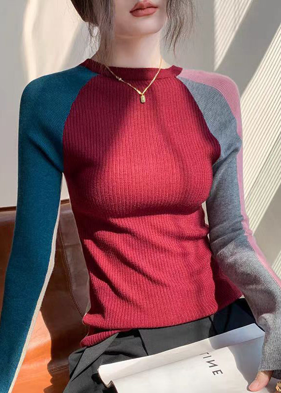Stylish Coffee O Neck Patchwork Woolen Knitted Tops Spring