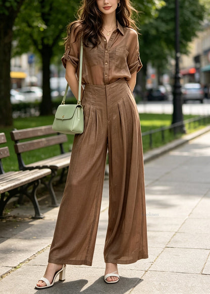 Stylish Coffee Peter Pan Collar Patchwork Shirt And Wide Leg Pants Two Piece Set Summer
