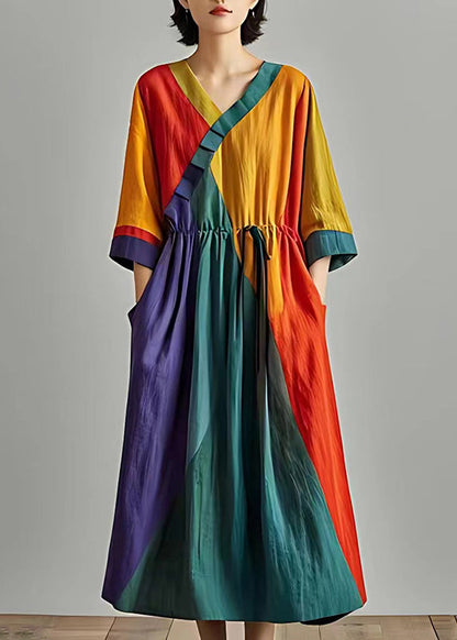 Stylish Colorblock Cinched Patchwork Cotton Long Dress Summer