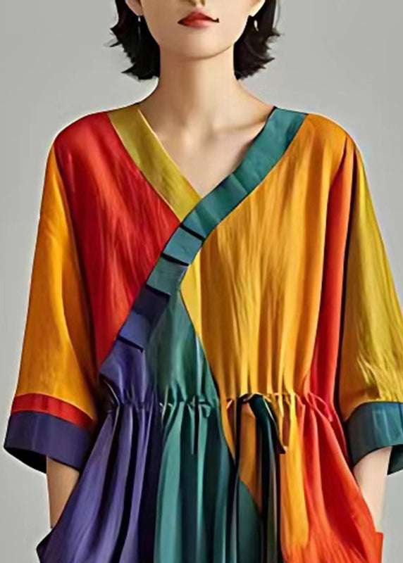 Stylish Colorblock Cinched Patchwork Cotton Long Dress Summer