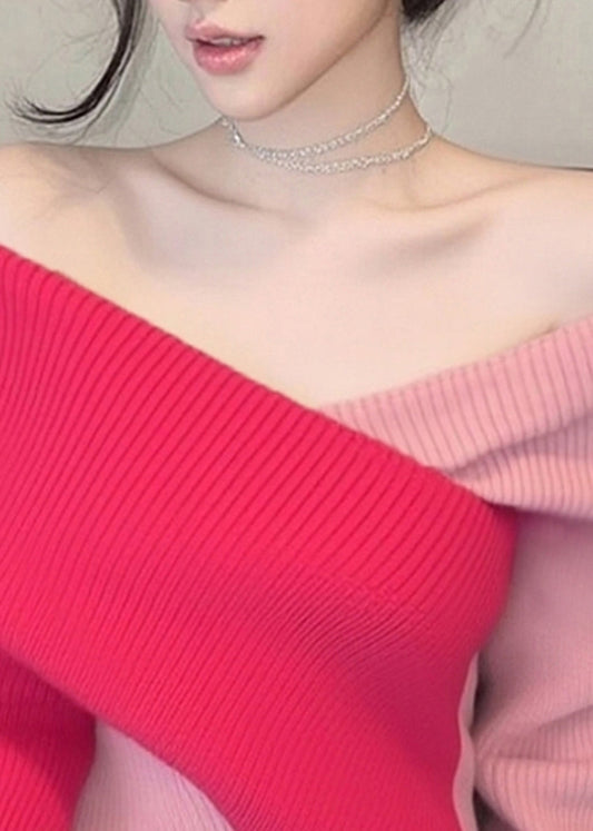 Suéteres de punto con hombros descubiertos y patchwork con bloques de color elegantes para primavera