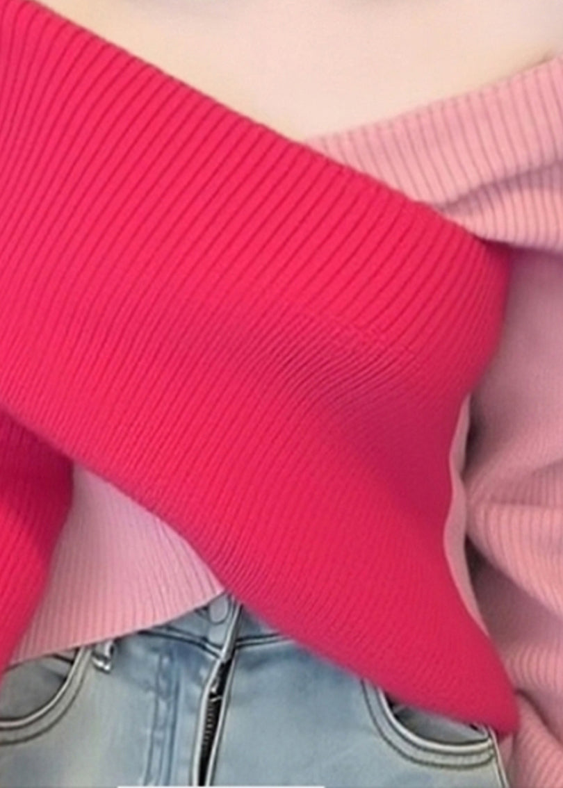 Suéteres de punto con hombros descubiertos y patchwork con bloques de color elegantes para primavera