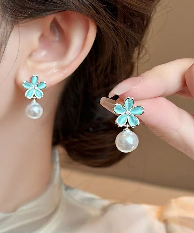 Stylish Colorblock Copper Overgild Pearl Floral Drop Earrings