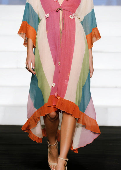 Stylish Colorblock Flower Patchwork Ruffles Cotton Dress Summer