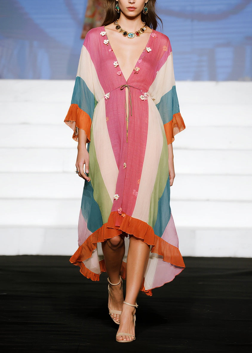 Stylish Colorblock Flower Patchwork Ruffles Cotton Dress Summer