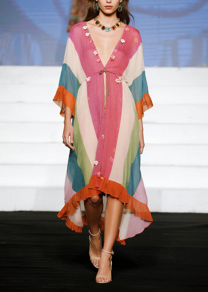 Stylish Colorblock Flower Patchwork Ruffles Cotton Dress Summer