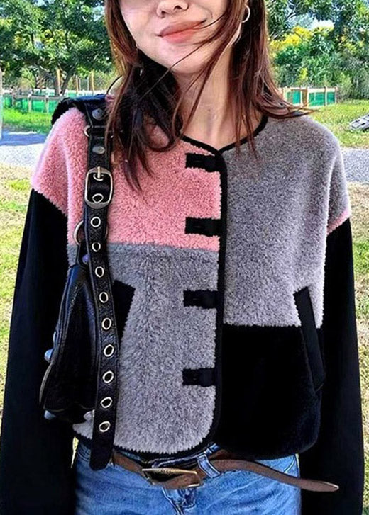 Stylish Colorblock O Neck Patchwork Faux Fur Jacket Winter