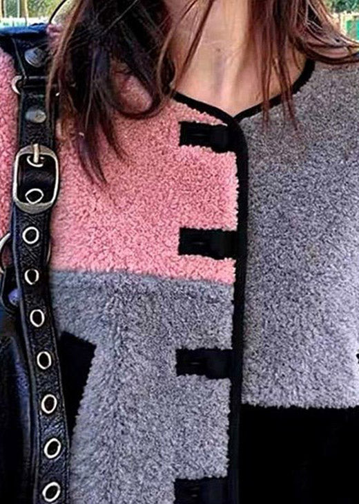 Stylish Colorblock O Neck Patchwork Faux Fur Jacket Winter