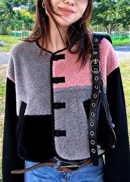 Stylish Colorblock O Neck Patchwork Faux Fur Jacket Winter