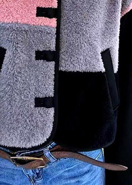 Stylish Colorblock O Neck Patchwork Faux Fur Jacket Winter