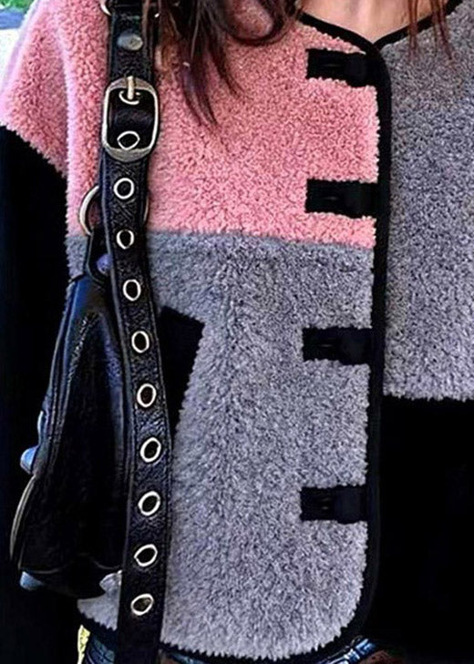 Stylish Colorblock O Neck Patchwork Faux Fur Jacket Winter
